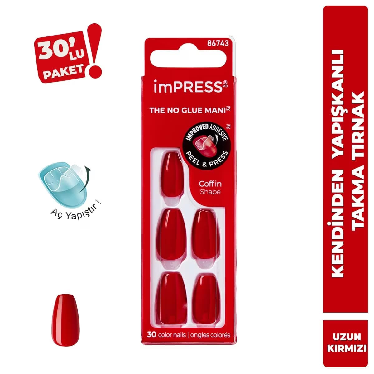 Kiss Impress Color Kendinden Yapışkanlı Takma Tırnak Uzun Kırmızı Medium 510 30'lu