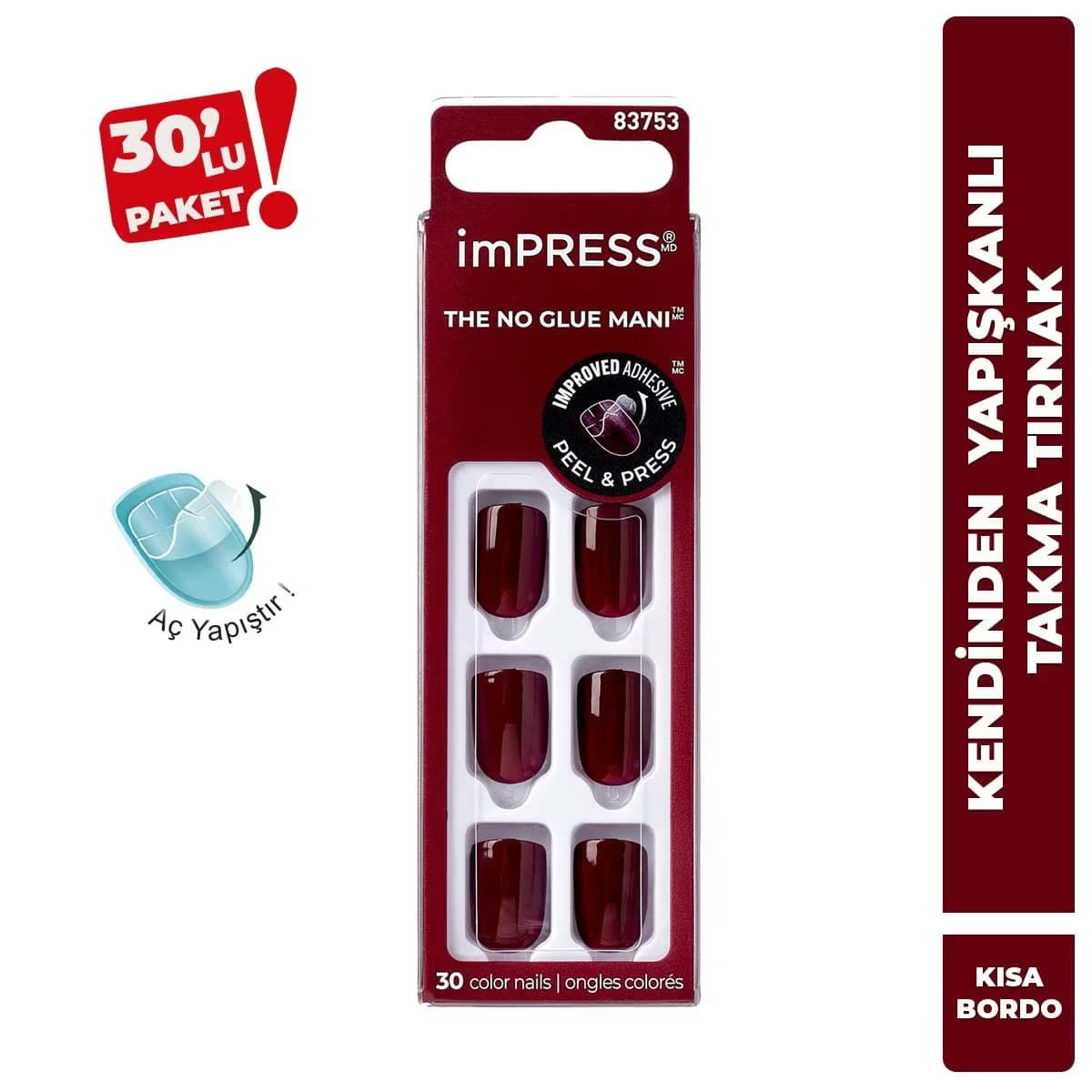 Kiss Impress Color Kendinden Yapışkanlı Takma Tırnak Kısa Bordo 014