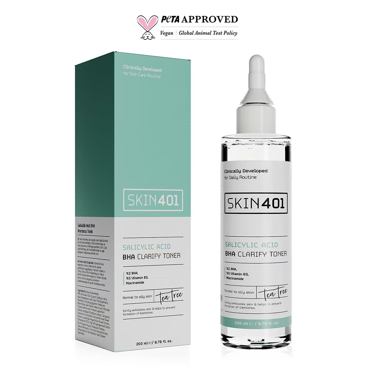 Skin401 -%2 Salisilik Asit BHA Arındırıcı, Gözenek Sıkılaştırıcı Siyah Nokta Karşıtı Tonik 200 ml