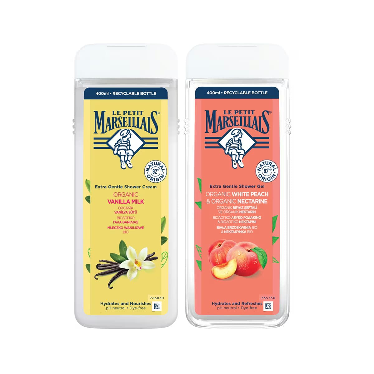 Le Petit Marseillais Duş Jeli Organik Vanilya Sütü 400 ml + Organik Şeftali ve Nektarin 400 ml
