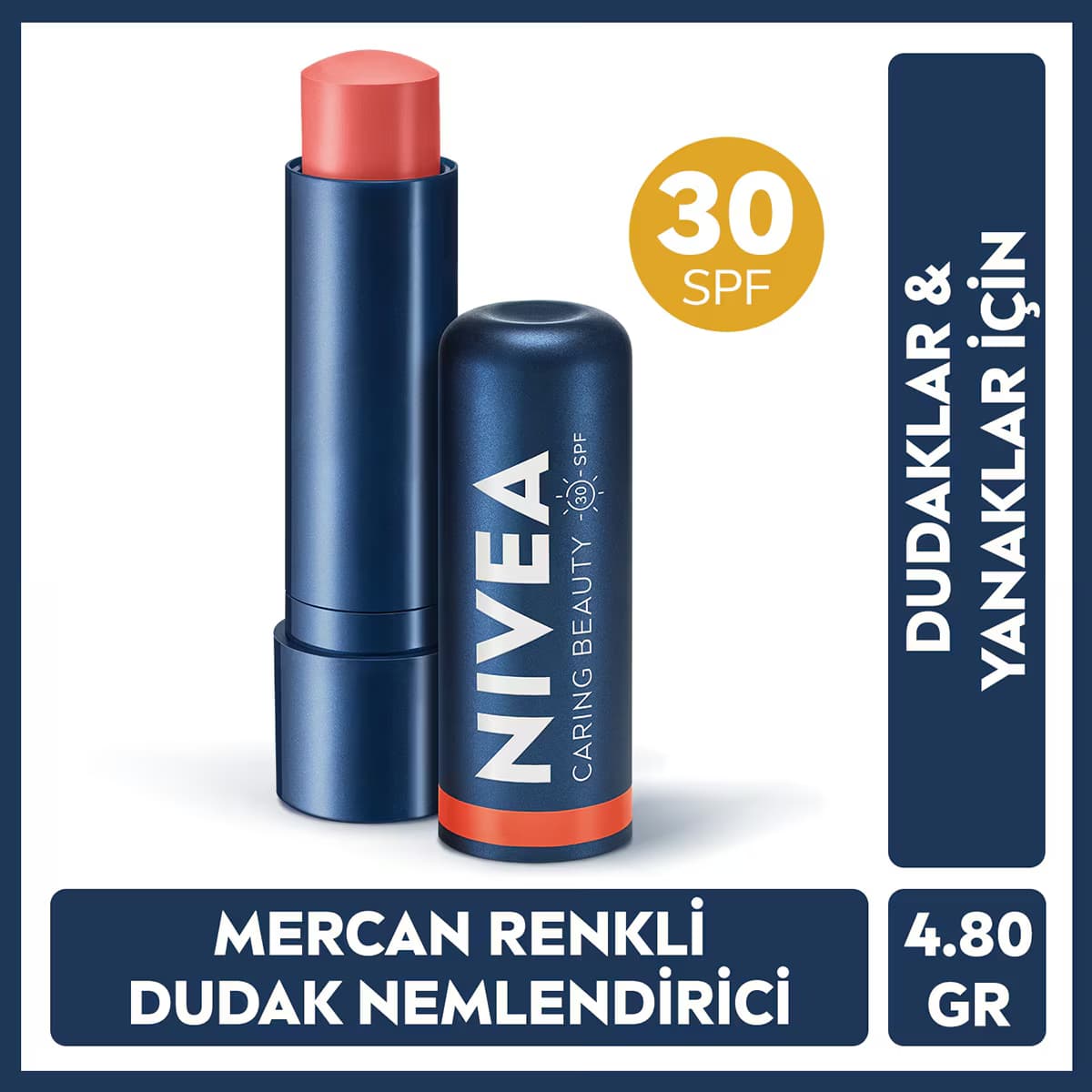 Nivea Renkli Dudak Bakım Kremi Mercan 4,8 g SPF30 Doğal E Vitamini Dudak ve Yanaklar İçin
