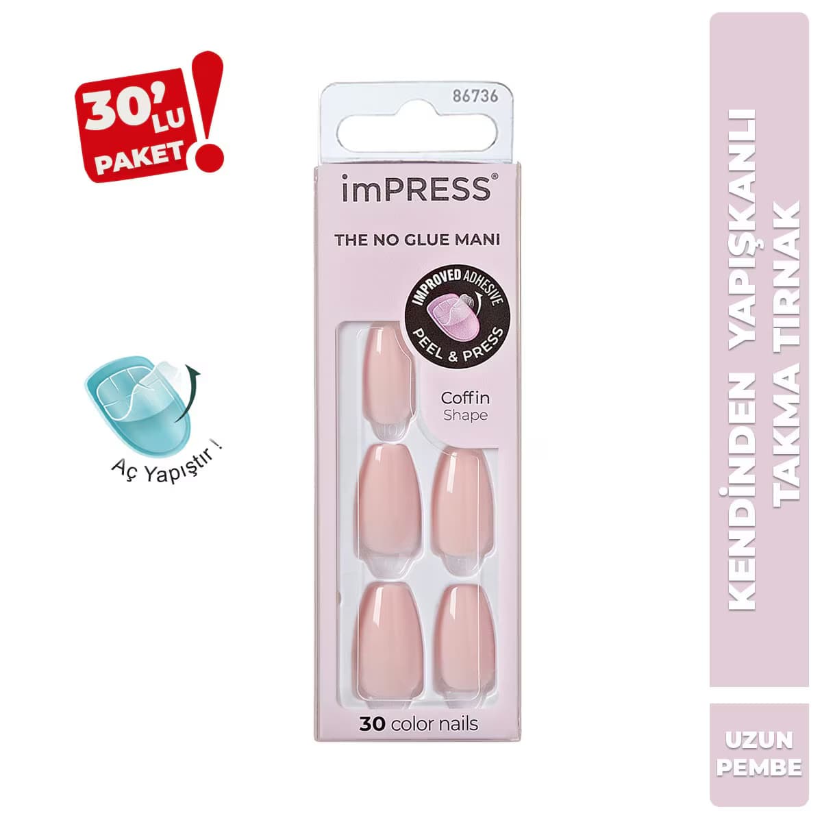 Kiss Impress Color Kendinden Yapışkanlı Takma Tırnak Uzun Pembe Medium 003 30'lu