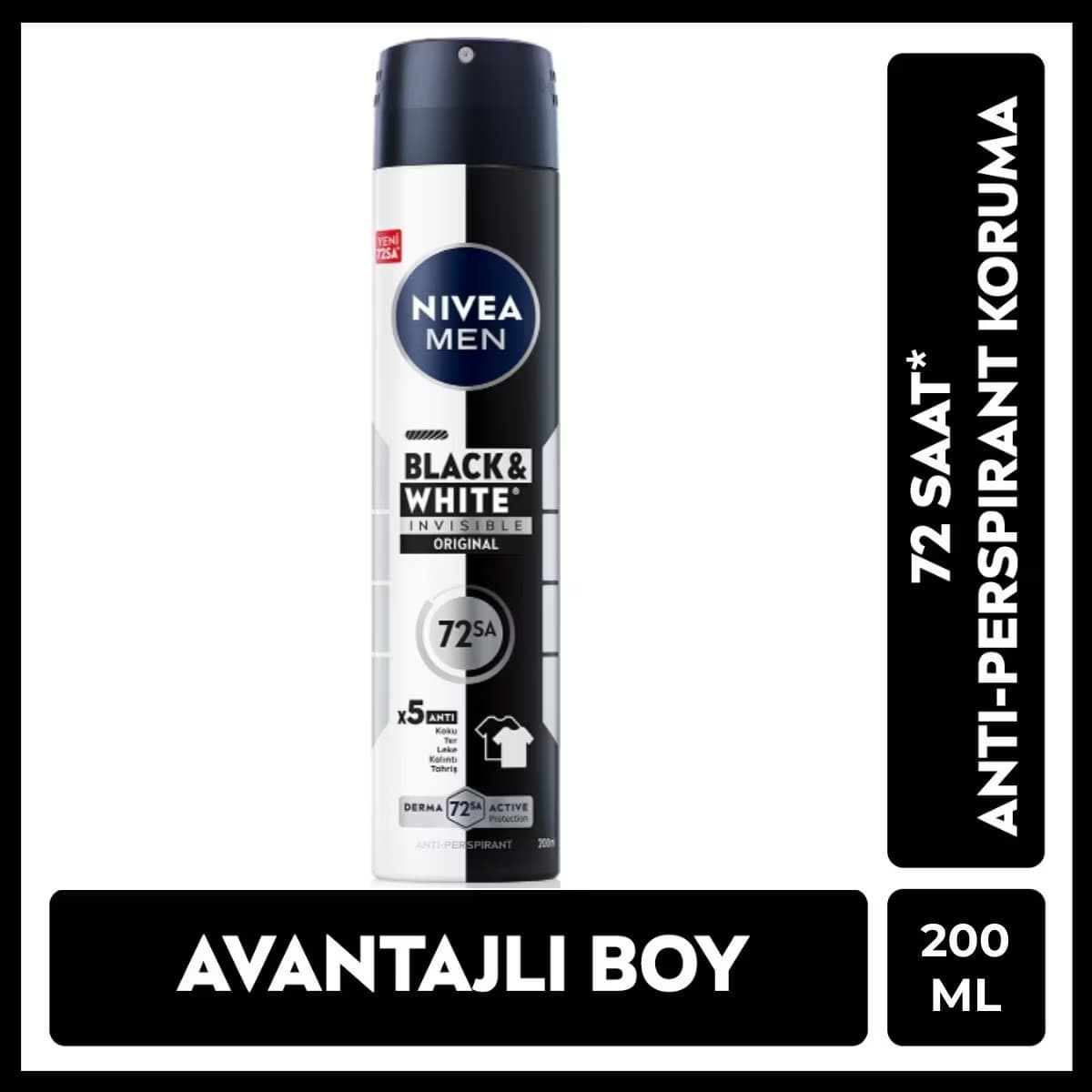 Nivea Men Erkek Sprey Deodorant Black&White Invisible Original 48 Saat Anti-perspirant Koruma 200 ml