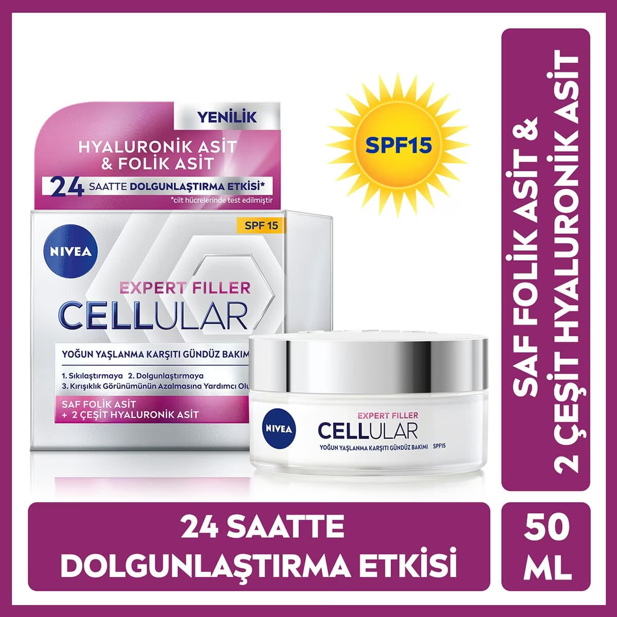 Nivea Cellular Expert Filler Yaşlanma Karşıtı ve Dolgunlaştırıcı SPF15 Güneş Koruyucu Yüz Gündüz Bakım Kremi 50 ml