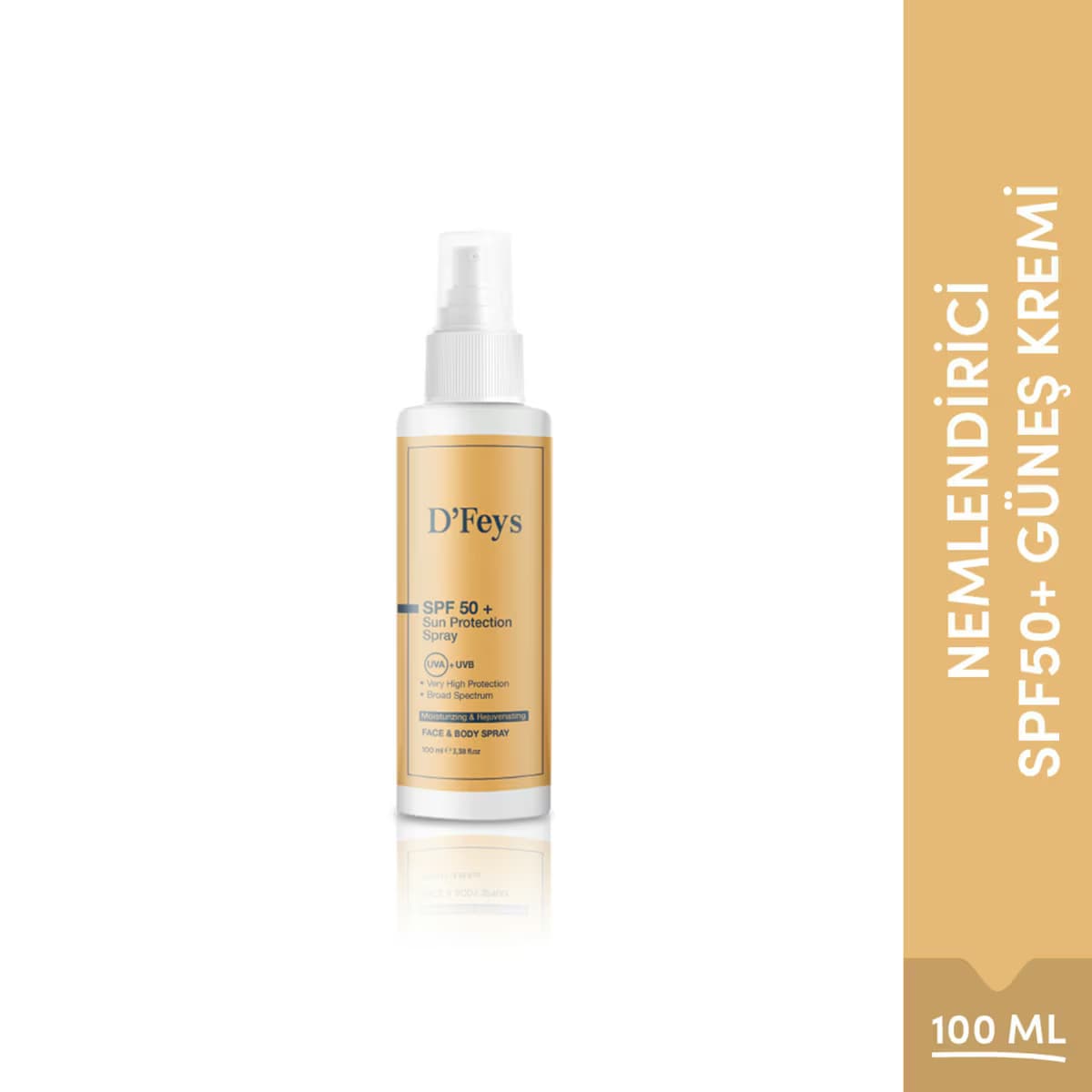 D'Feys Nemlendirici Güneş Koruyucu Yüz ve Vücut Spreyi 50 SPF+ 100 ml