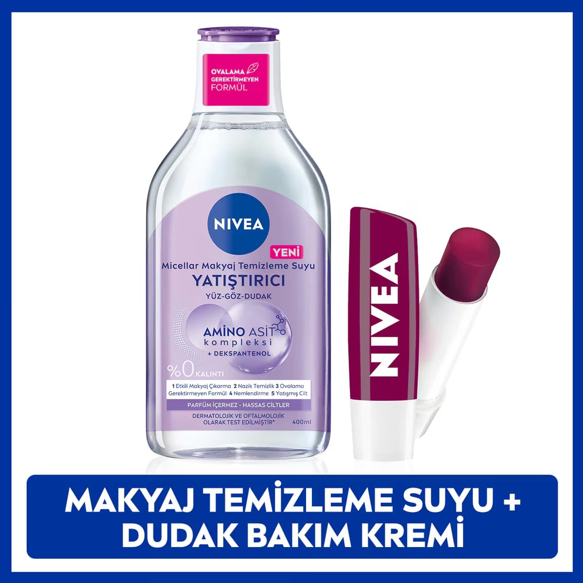 Nivea Yatıştırıcı Micellar Makyaj Temizleme Suyu 400 ml + Böğürtlen Nemlendirici Dudak Bakım Kremi 4,8 g Set