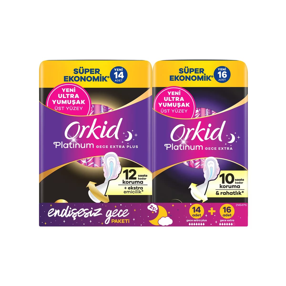 Orkid Platinum Endişesiz Gece Hijyenid Ped Paketi (Gece Extra Plus (Boy 5) 14 Adet + Gece Extra (Boy 4) 16 Adet) - Gratis