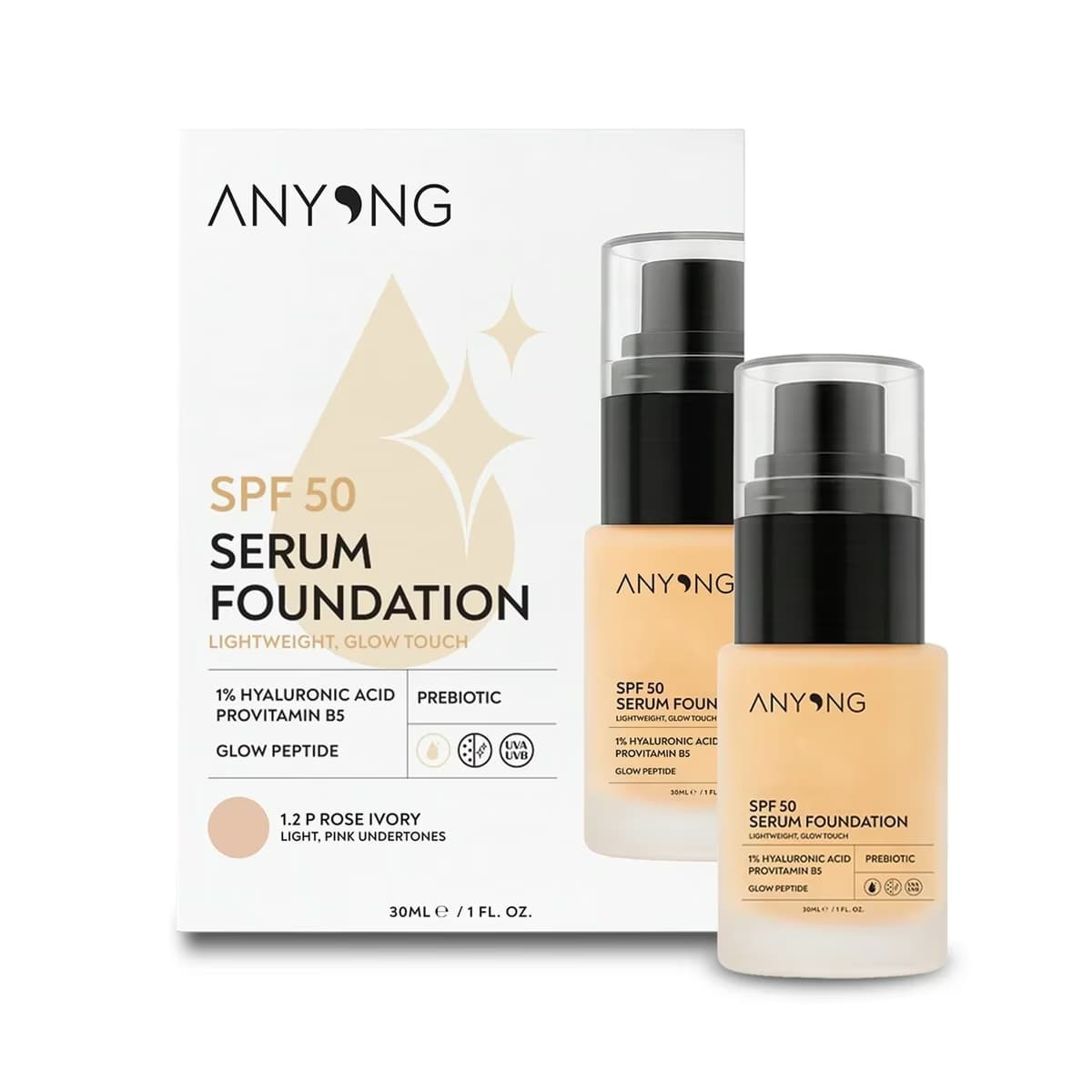 Anyong Işıltılı, Bakım Yapan ve Cilt Tonu Eşitleyen Serum Fondöten 1.2P ROSE IVORY, SPF 50, 30 ml