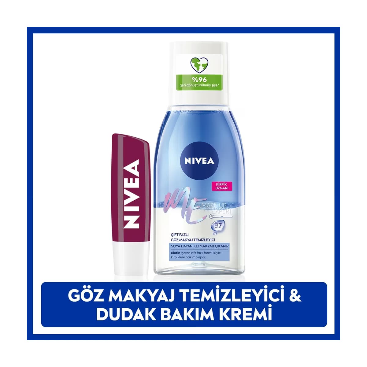 Nivea Çift Etkili Göz Makyaj Temizleyici 125 ml + Böğürtlen Renkli Dudak Bakım Kremi - Gratis