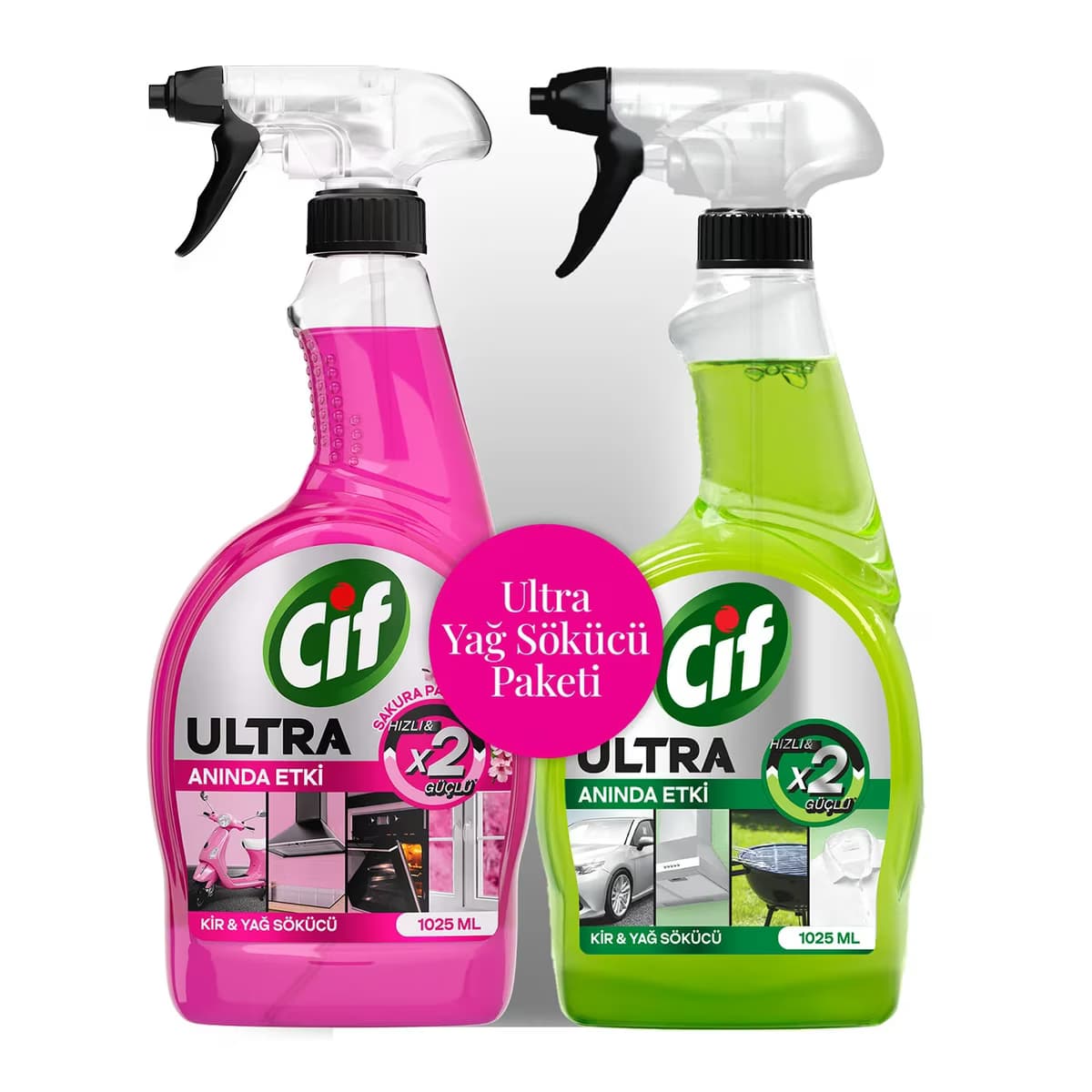 Cif Ultra Sprey Sakura Parfümlü Kir ve Yağ Sökücü 1025 ml + Cif Ultra Anında Etki Kir ve Yağ Sökücü 1025 ml
