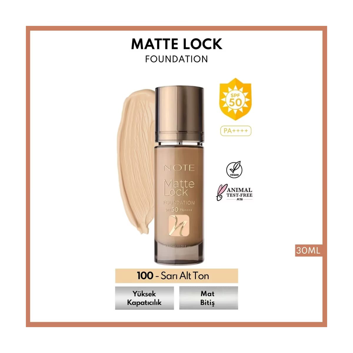 Note Matte Lock Foundation 100 Velvet Beige SPF 50 Yoğun Kapatıcı Mat Bitişli Fondöten