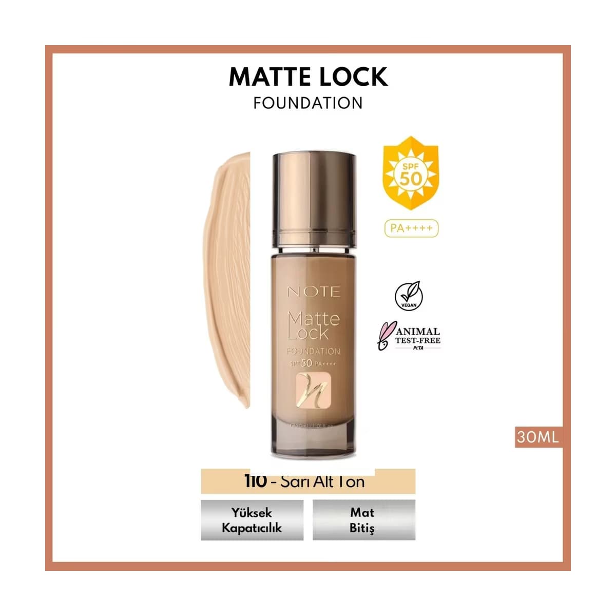 Note Matte Lock Foundation 110 Pure Beige SPF 50 Yoğun Kapatıcı Mat Bitişli Fondöten