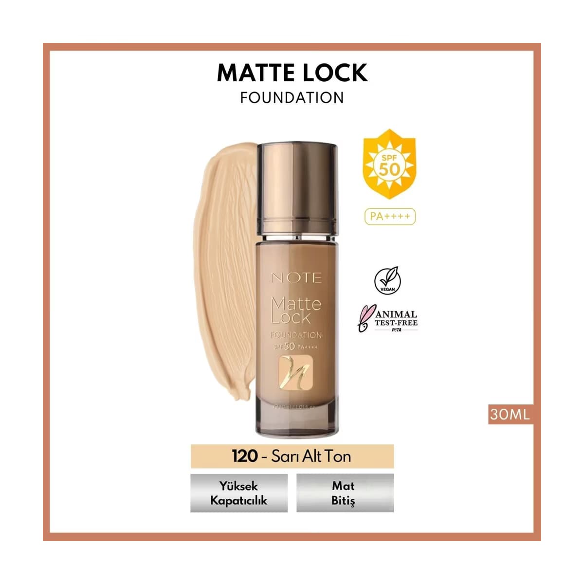Note Matte Lock Foundation 120 Medium Beige SPF 50 Yoğun Kapatıcı Mat Bitişli Fondöten