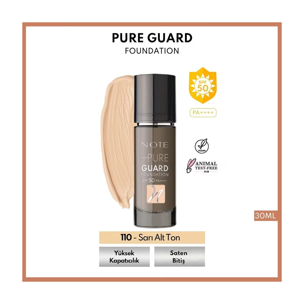 Note Pure Guard Foundation 110 Pure Beige SPF 50 Yoğun Kapatıcı Saten Bitişli Fondöten