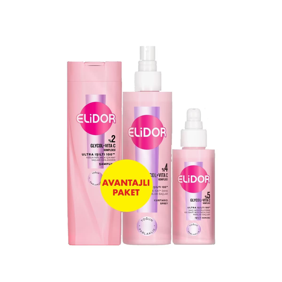 Elidor Ultra Işıltı Saç Bakım Seti (Şampuan 200 ml + Kurtarıcı Sprey 200 ml + Işıltı Serumu 90 ml) - Gratis