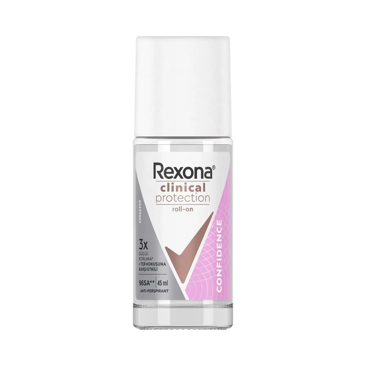 Rexona Clinical Protection Confidence kadın roll-on deodorantı, beyaz ambalaj ve pembe detaylarla.