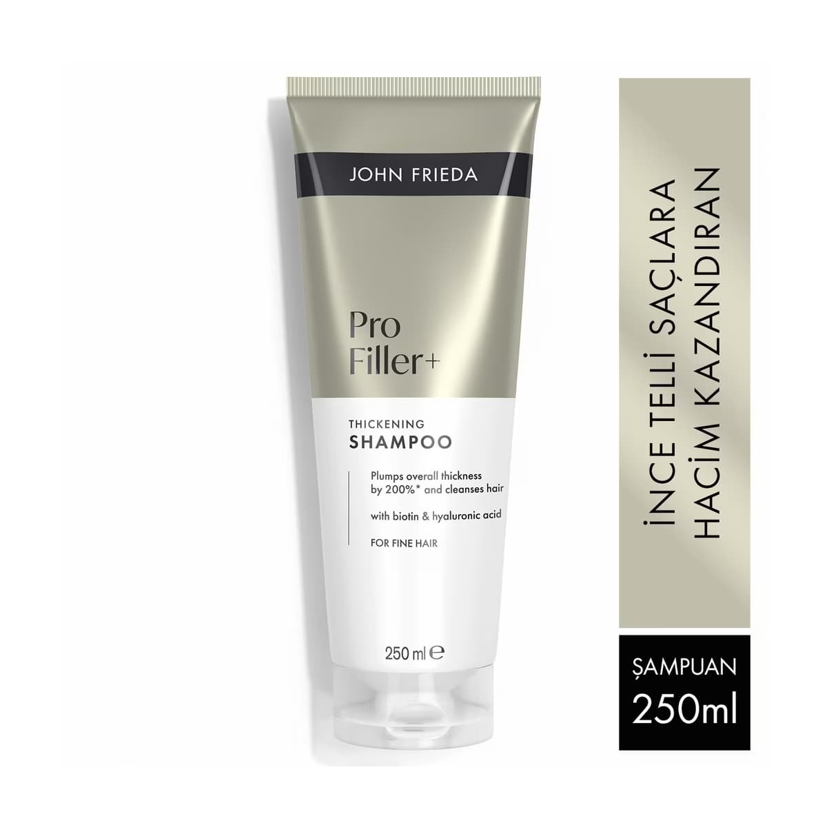 John Frieda PROfiller+ şampuan tüpü ve ince telli saçlar için hacim kazandırma ibareli kutu.