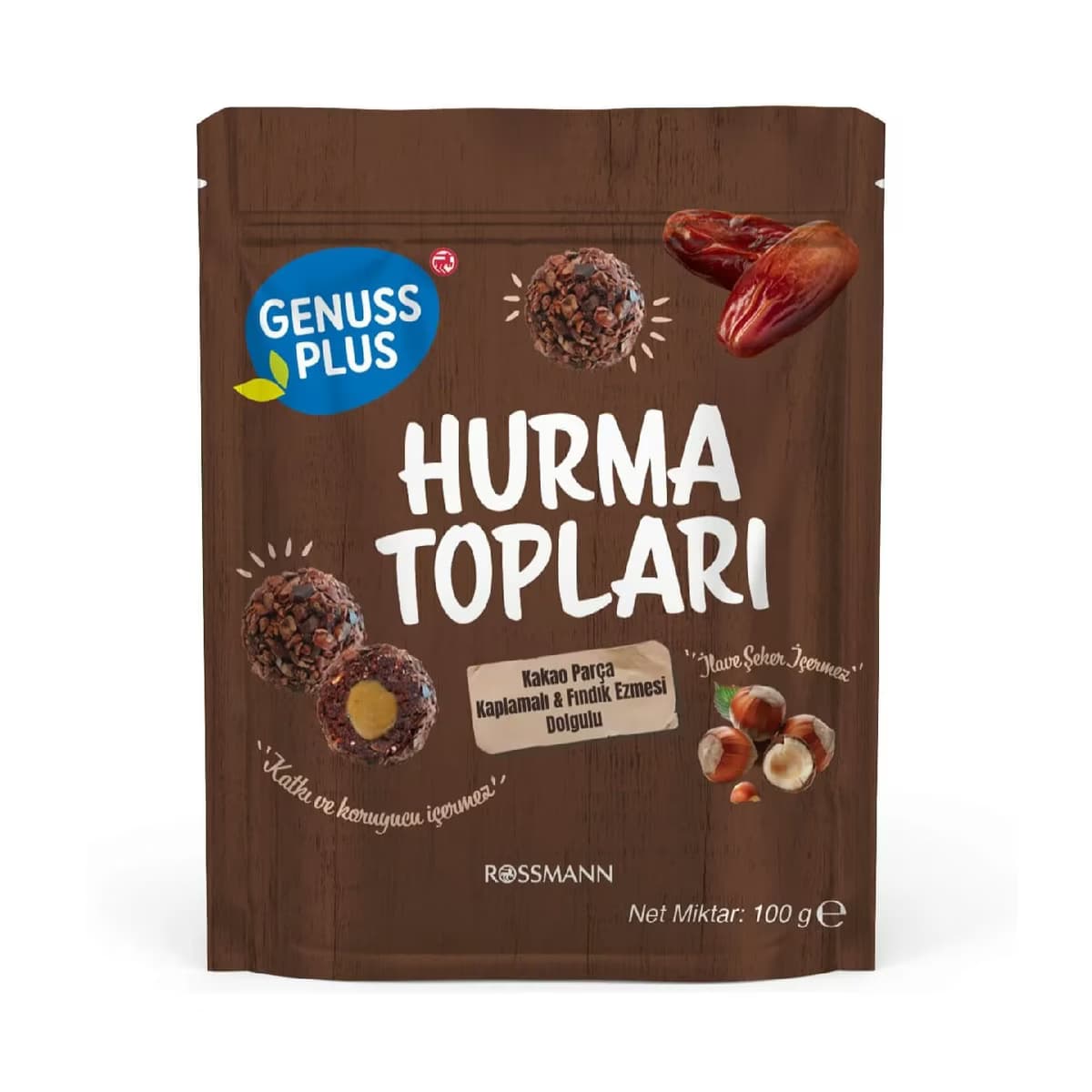 Genuss Plus Kakao Çekirdeği Kaplı Fındık Dolgulu Hurma Topu 100 gr