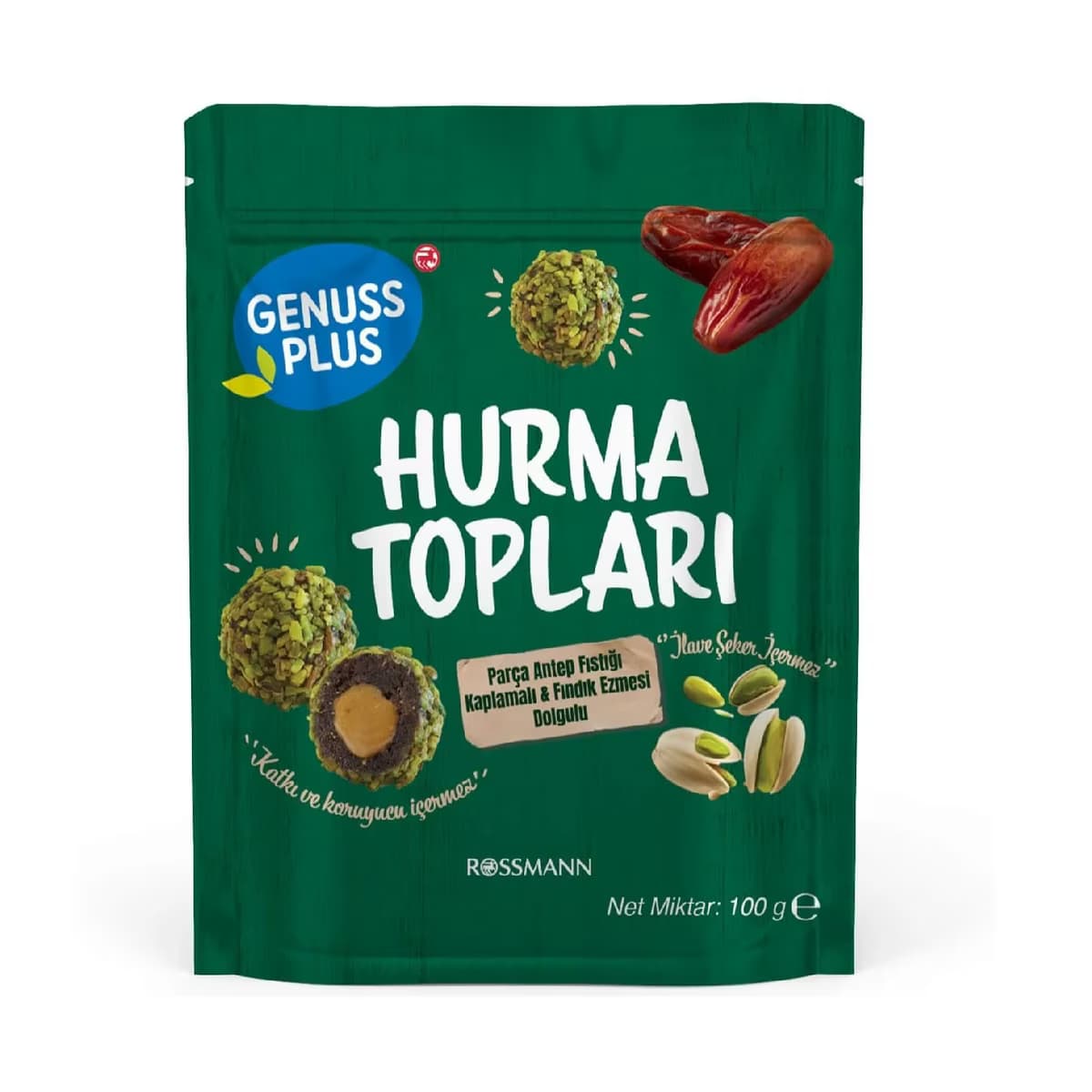 Genuss Plus Parça Antep Fıstığı Kaplı Fındk Dolgulu Hurma Topu 100 gr
