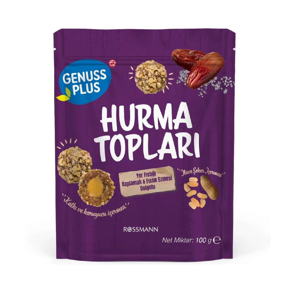 Genuss Plus Yer Fıstığı Kaplı Fıstık Dolgulu Hurma Topu 100 gr