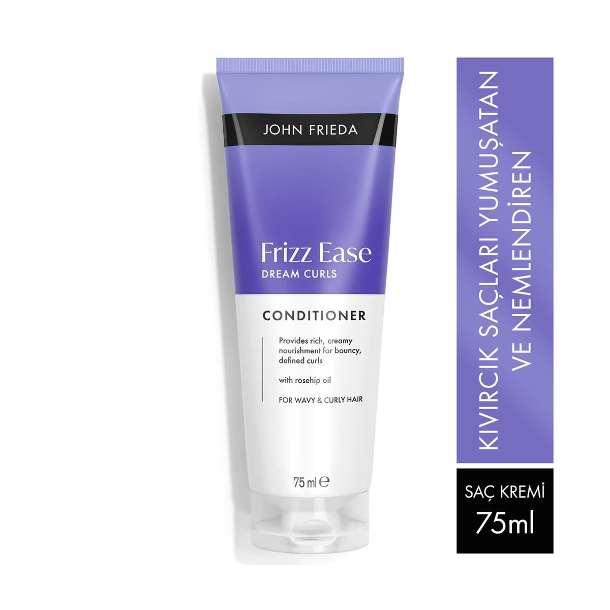 John Frieda Frizz Ease Dream Curls saç kremi tüpü, ön yüzü ve yanında kıvırcık saçlar için bakım mesajı bulunan kutu görseli