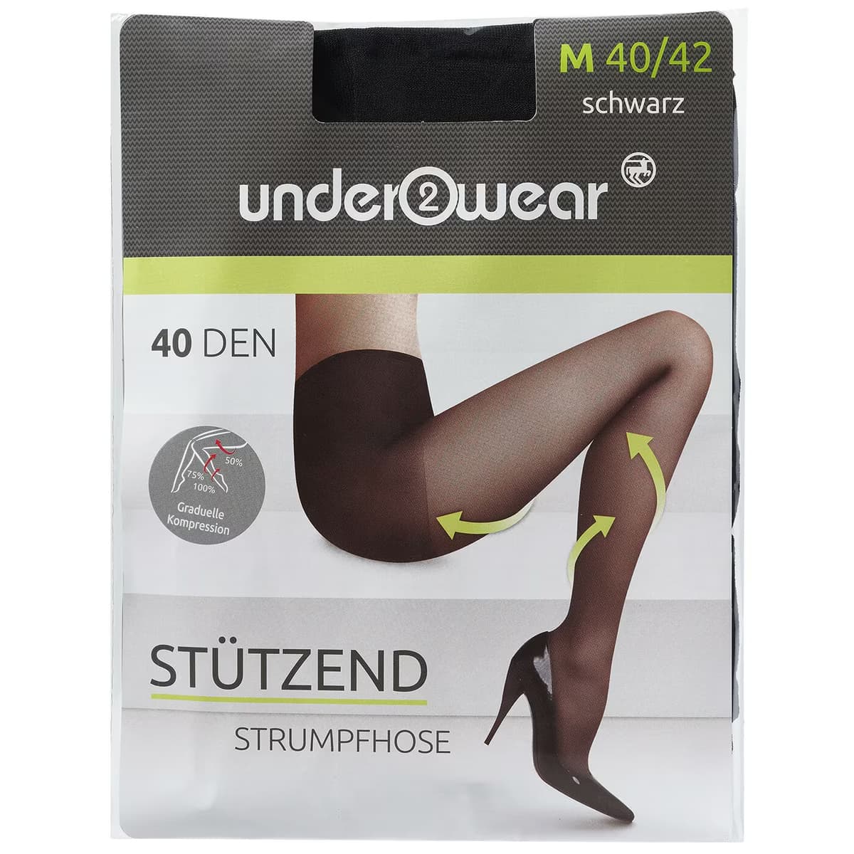 Underwear siyah destekli külotlu çorap ambalajı; 40 den ve 40/42 beden bilgisi ön yüzde görülüyor
