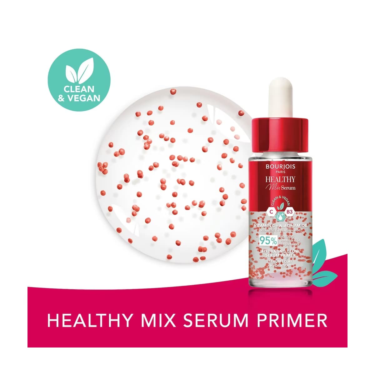 Bourjois Healthy Mix Serum makyaj bazı ve temiz vegan işareti; Healthy Mix Serum Primer yazısı.