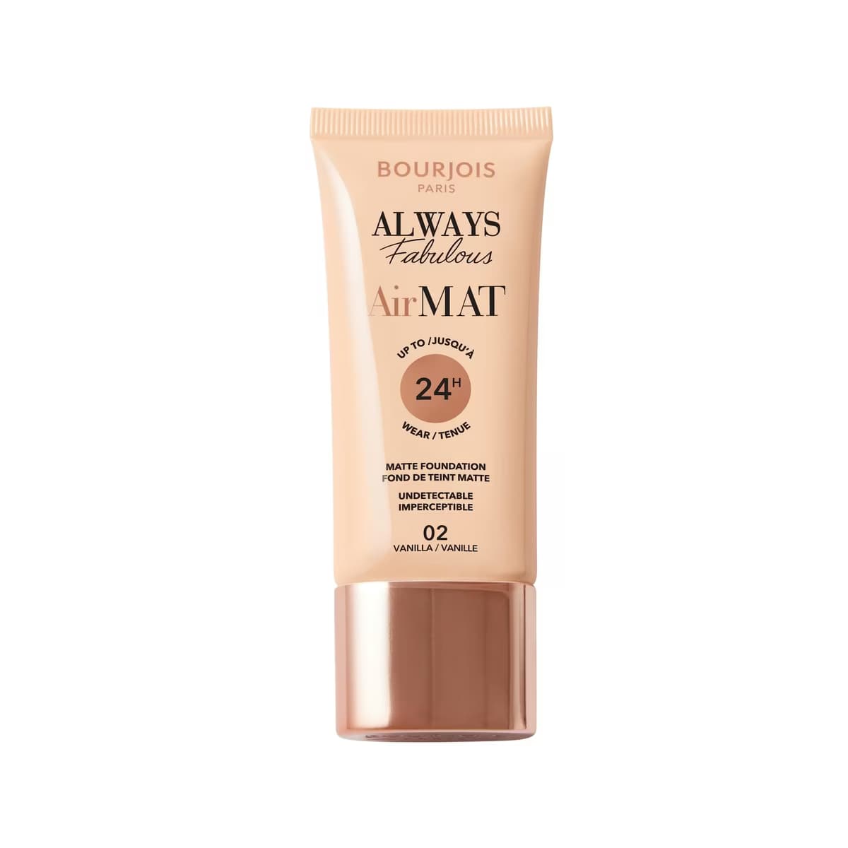 Bourjois Always Fabulous Air Mat Fondöten 02 Vanilla tüpü, kapaklı halde önden görünüm.