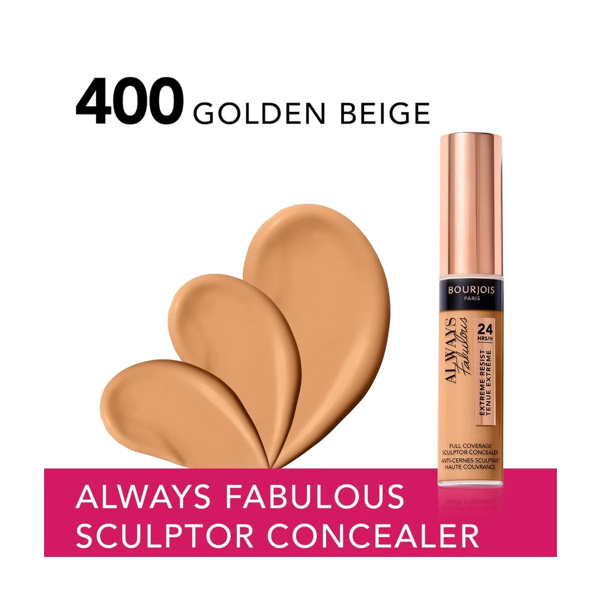 400 Golden Beige tonu yazısı ve Bourjois Always Fabulous Sculptor Kapatıcı ürününü gösteren tanıtım görseli.