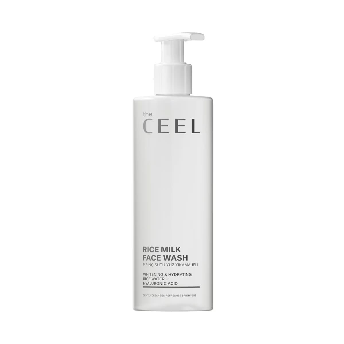 The Ceel Rice Milk Face Wash yazılı, pompalı beyaz yüz temizleme jeli şişesi.