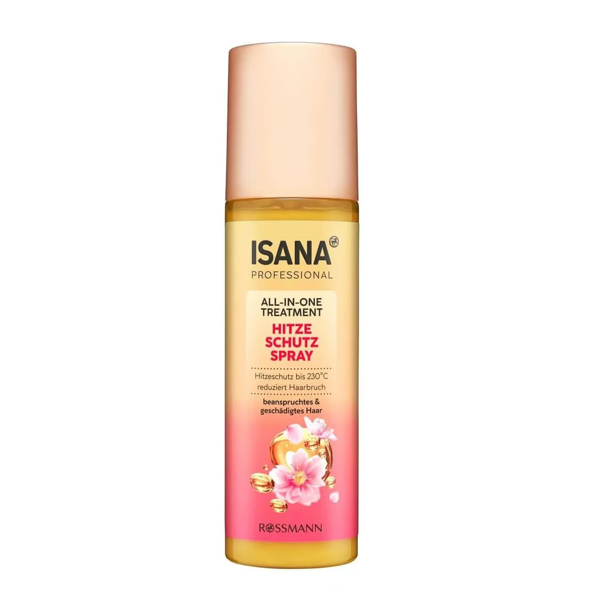 Pembe kapaklı Isana Professional ısı koruyucu saç spreyi şişesi, üzerinde çiçek görseli ve ısıya karşı koruma yazısı bulunuyor.