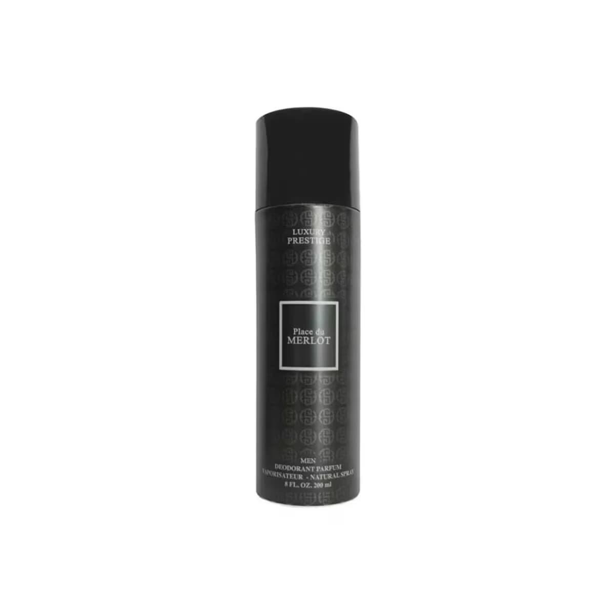 Siyah silindirik Luxury Prestige Place Du Merlot deodorant spreyi, siyah kapaklı ve ön yüzünde dikdörtgen etiketli.