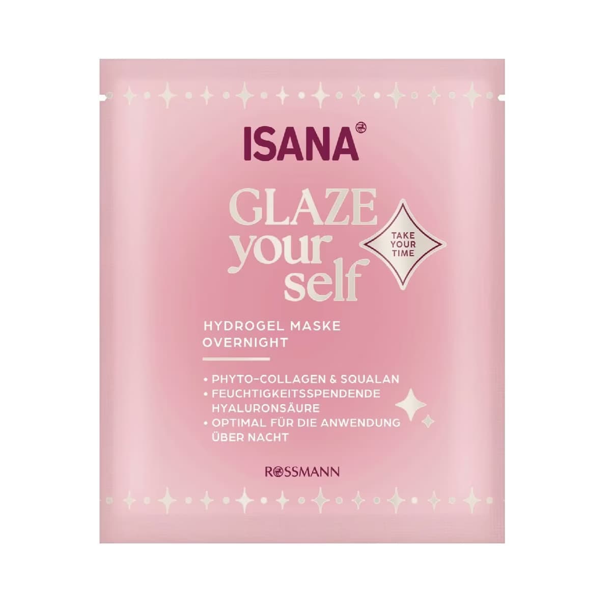 Pembe kare ISANA Glaze Your Self hidrojel gece maskesi ambalajı; ön yüzde maske adı ve fito-kolajen, skualan ile hyaluron ifadeleri yer alıyor.