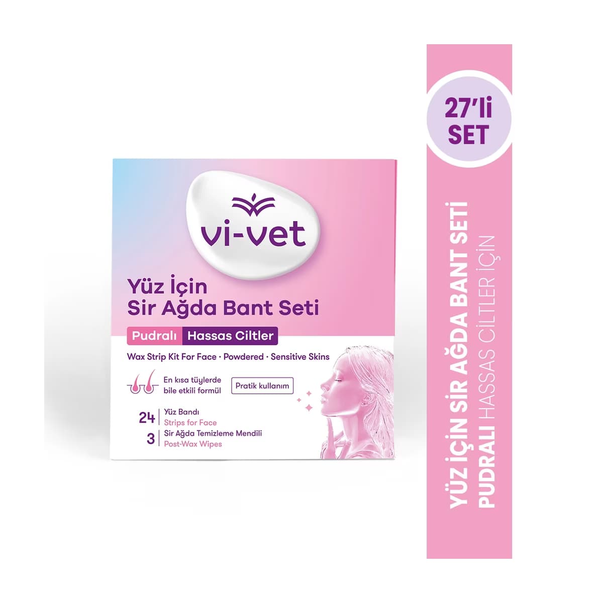 Vi-Vet Yüz İçin Sir Ağda Bant Seti Pudralı 27'li (24 Yüz Bandı + 3 Temizleme Mendili)