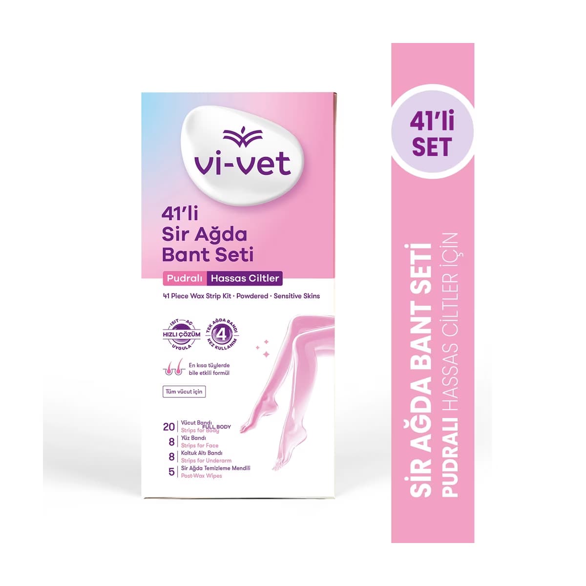 Vi-Vet pudralı sir ağda bant setinin kutu ve pembe ambalaj görünümü
