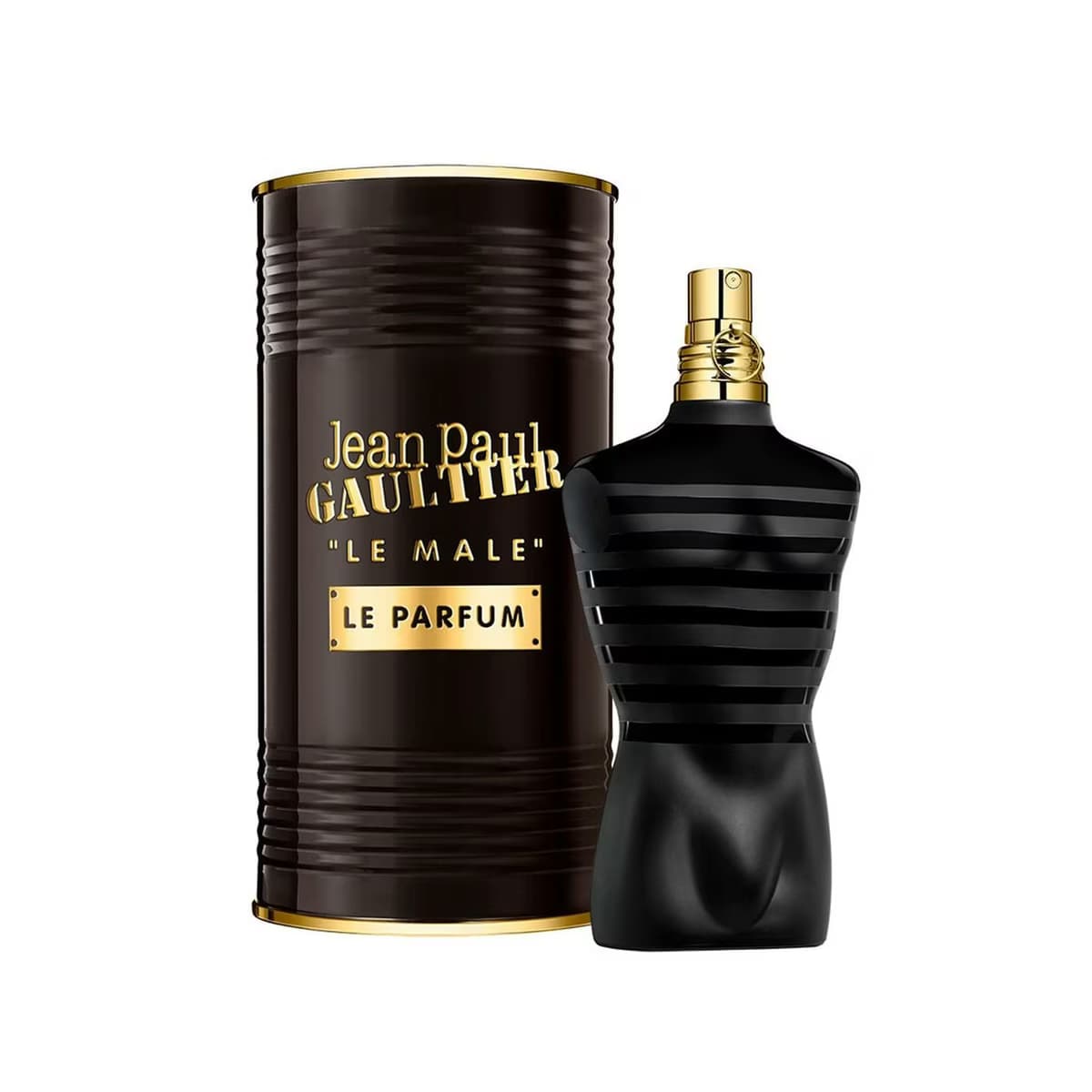 Siyah çizgili şişesi ve altın renkli kapağıyla Jean Paul Gaultier Le Male Le Parfum, siyah silindirik kutusunun yanında.