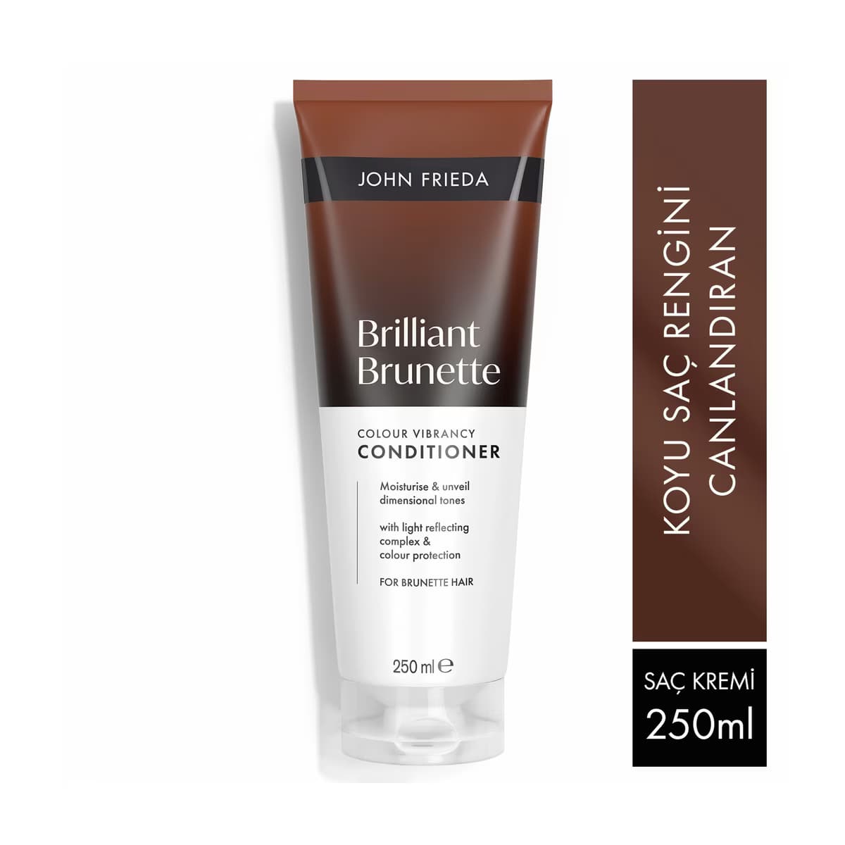 John Frieda Brilliant Brunette saç kremi tüpü ve kahverengi saç rengini canlandırıcı ürün tanıtım bandı