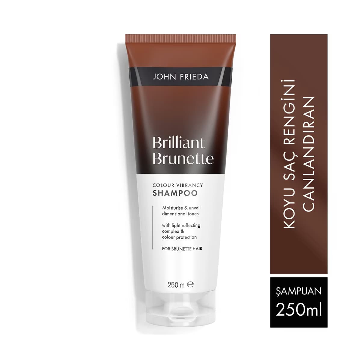 John Frieda Brilliant Brunette şampuan tüpü ve kahverengi saç rengini canlandırıcı ürün tanıtım bandı