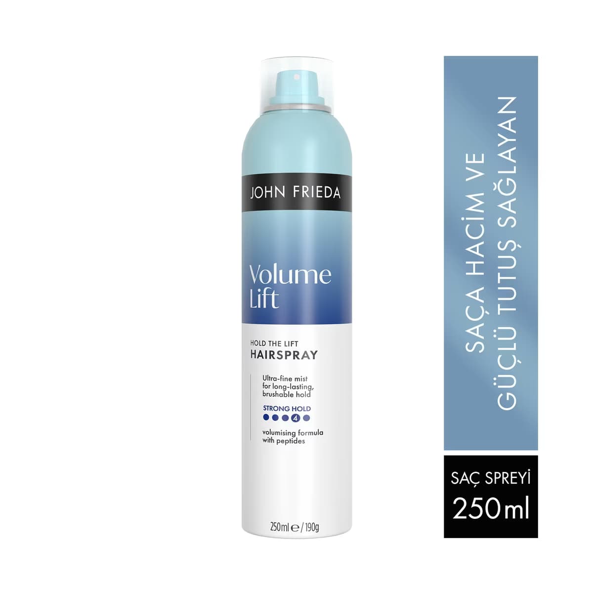 John Frieda Volume Lift saç spreyi şişesi ve hacim etkisini tanıtan ürün bandı