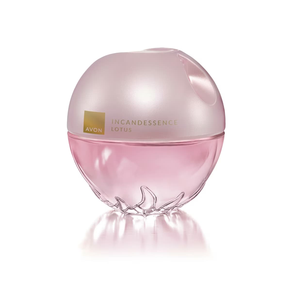 Pembe, yuvarlak gövdeli ve şeffaf kapaklı Avon Incandessence Lotus parfüm şişesi