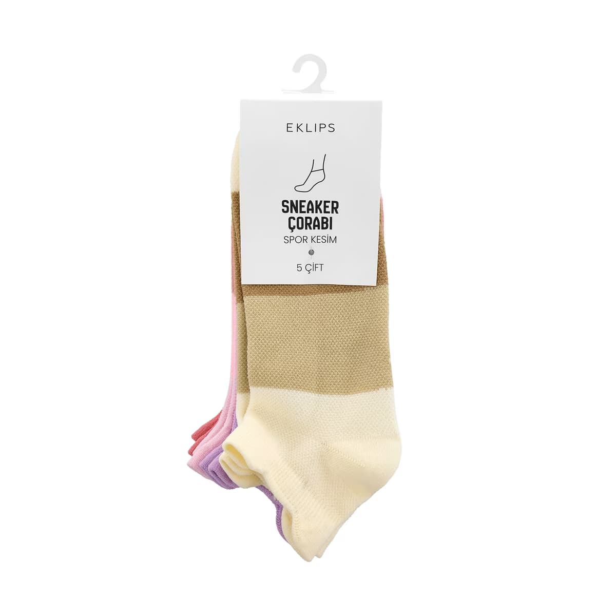 Eklips 5'li Çok Renkli Unisex Sneaker Çorap Bej Mavi Pembe Beyaz Lila