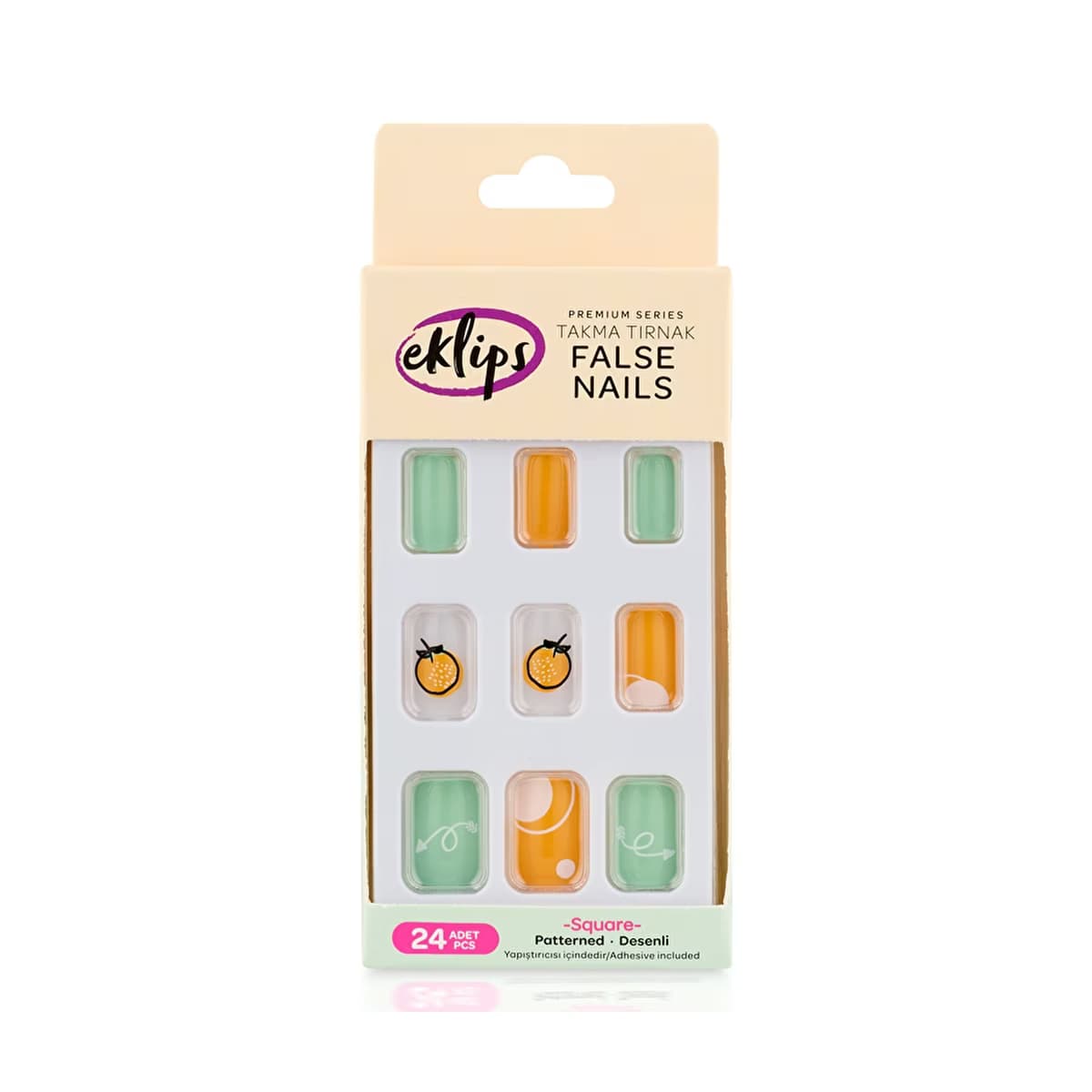 Eklips Takma Tırnak Turuncu Yeşil Portakal Desenli Kare 24'lü - Gratis