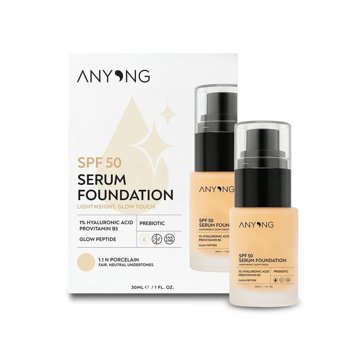 Anyong Işıltılı, Bakım Yapan ve Cilt Tonu Eşitleyen Serum Fondöten 1.1N PORCELAIN, SPF 50, 30 ml