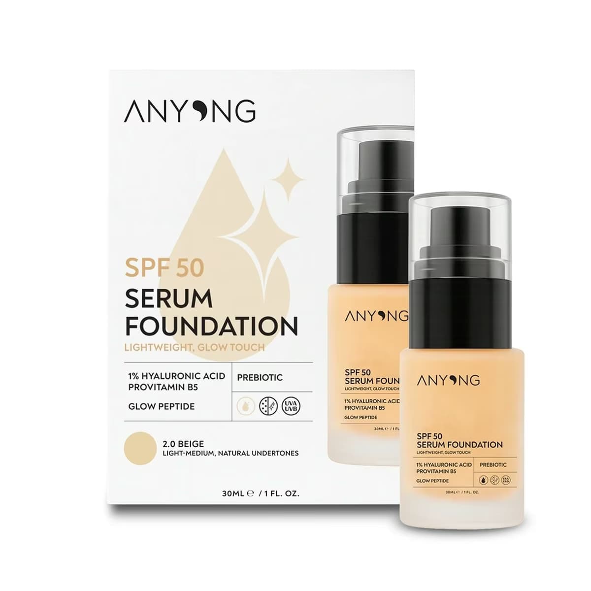 Anyong Işıltılı, Bakım Yapan ve Cilt Tonu Eşitleyen Serum Fondöten 2.0 BEIGE, SPF 50, 30 ml