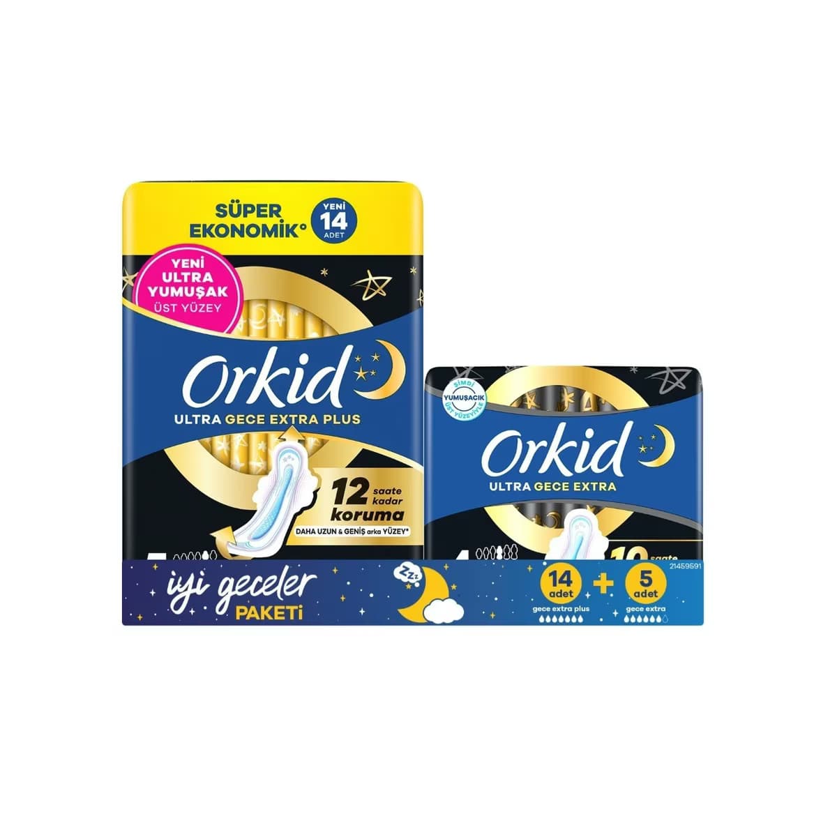 Orkid Ultra Hijyenik Ped İyi Geceler Paketi Gece Extra Plus 14'lü + Gece Extra 5'li
